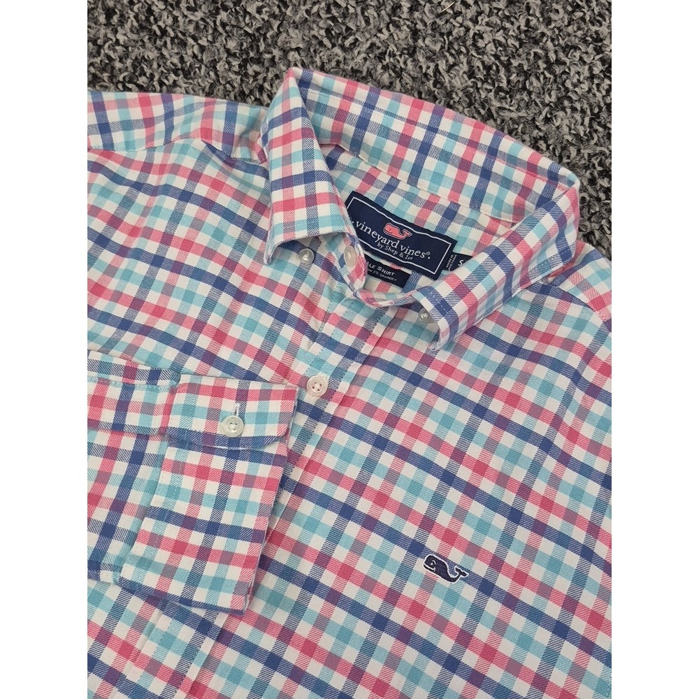 Vineyard Vines Mens Small Pink Blue Plaid Whale Shirt Cotton Stretch Long Sleeve